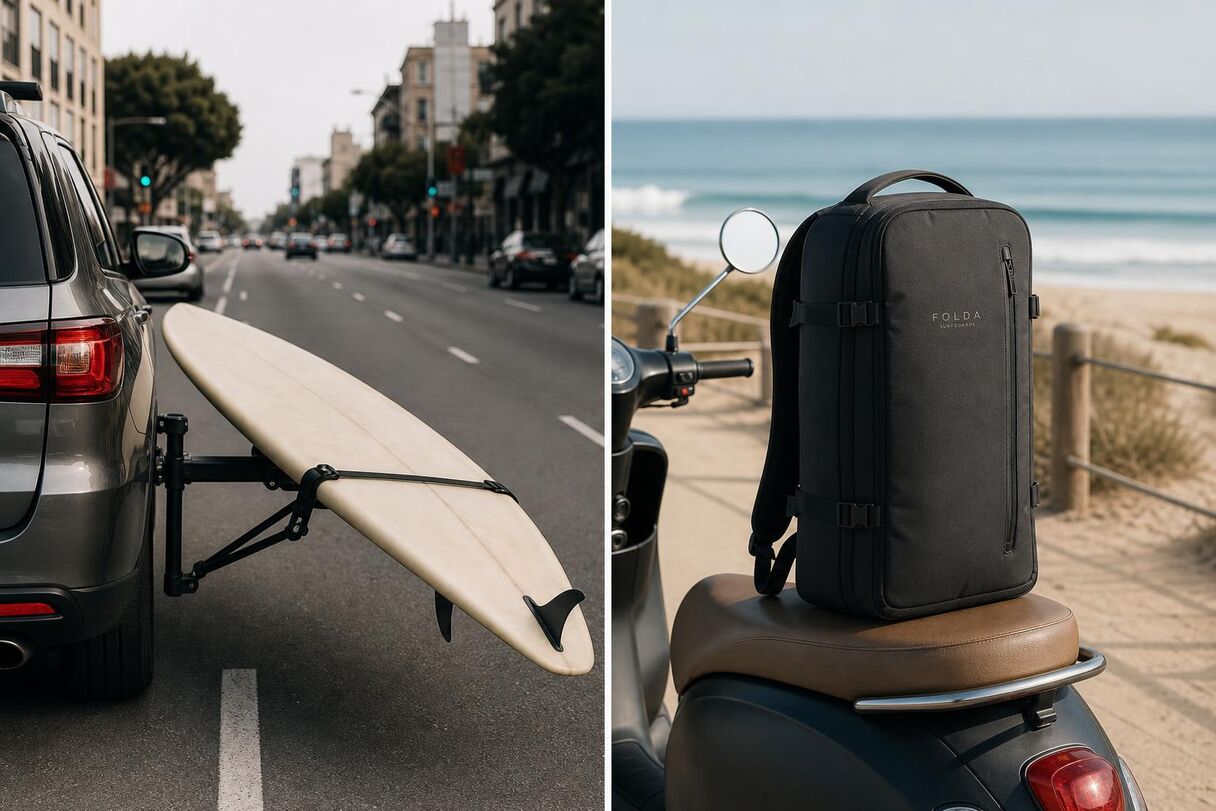 Side-mount surfboard bike rack wind-sail hazard versus modular ATACH surfboard packed in backpack for safe two-wheel transport