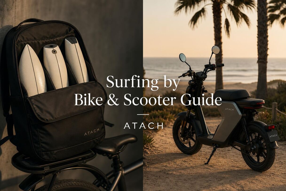 Modular surfboard packed in a commuter backpack next to a scooter on a beach path — ATACH surfing by bike and scooter guide