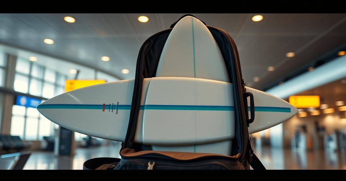 ATACH modular surfboard split into three parts, packed inside a travel backpack at an airline check-in counter